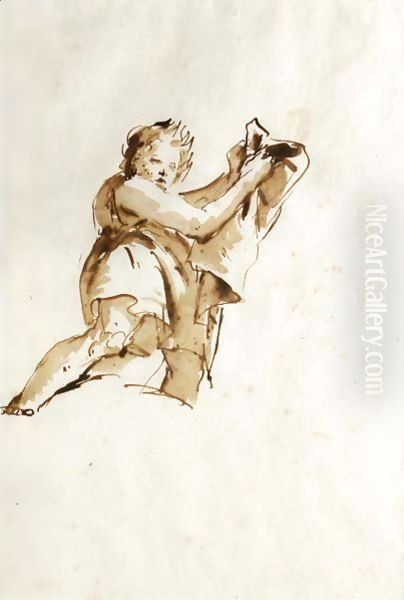 Study Of A Youth Holding Up A Cloak To The Right, Seen From Below Oil Painting by Giovanni Battista Tiepolo