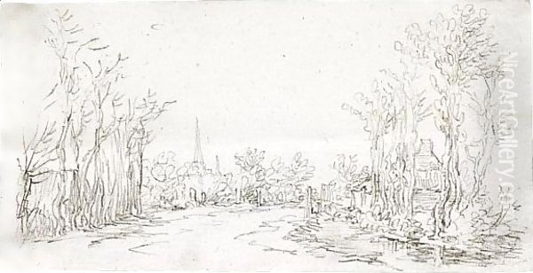 View Of A Road Entering A Village, With A Church Spire In The Background Oil Painting by Jan van Goyen