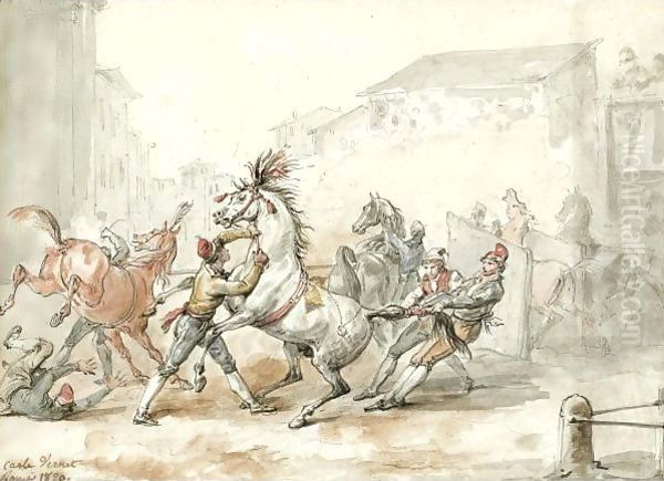 Preparing Horses For The Riderless Race In Rome Oil Painting by Carle Vernet