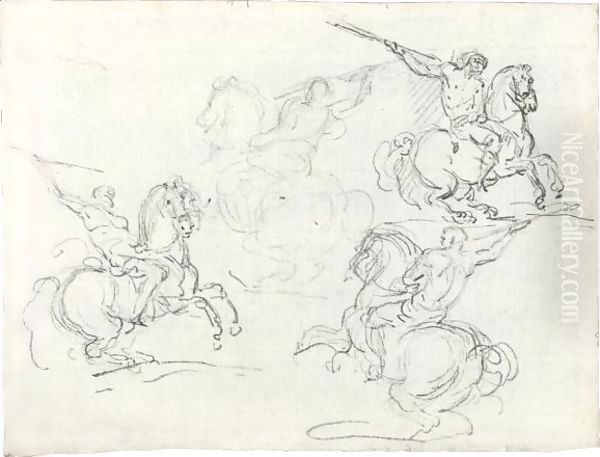 Four Studies Of Horsemen Holding Lances Oil Painting by Theodore Gericault