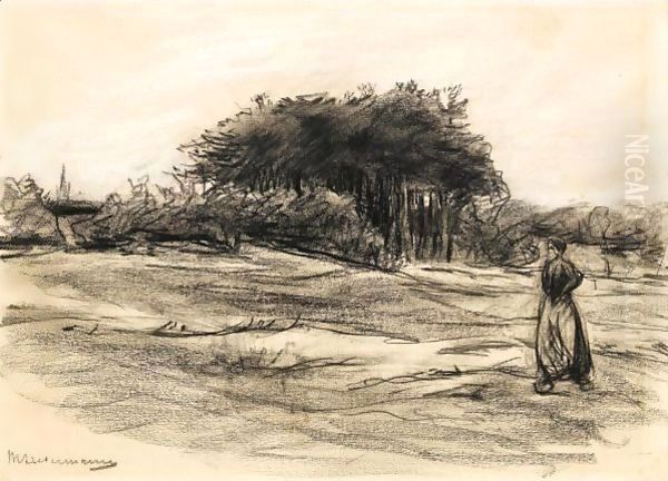 A Peasant Woman In A Field, With Trees Behind Oil Painting by Max Liebermann