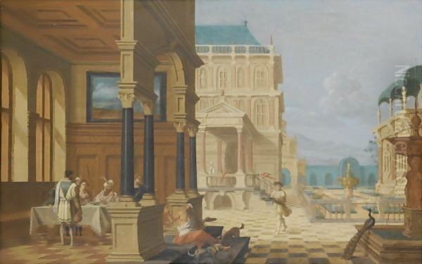 An Architectural Capriccio With Dives And Lazarus Oil Painting by Nicolas De Giselaer