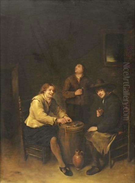 A Tavern Interior With Three Peasants Merry Making Oil Painting by Philips Koninck