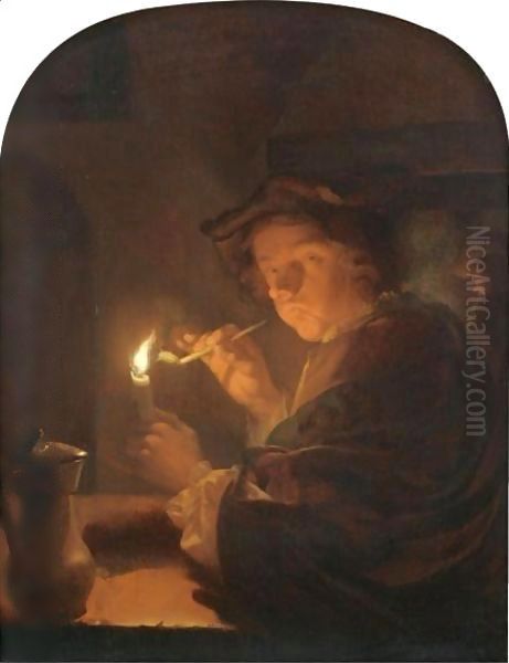 A Nocturnal Interior With A Toper Oil Painting by Godfried Schalcken