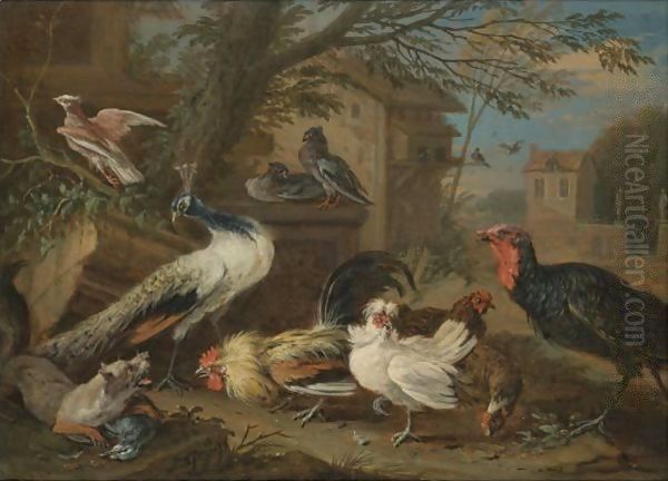 A Farmyard Still Life With A Peacock, Pigeons, Cockerels, And A Fox Oil Painting by Adriaen de Gryef