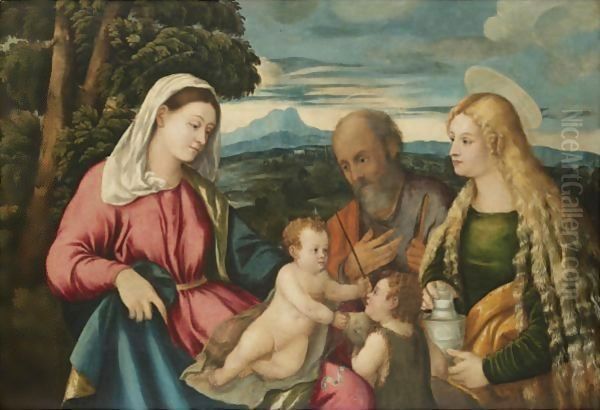 The Holy Family With The Infant Saint John The Baptist And Mary Magdalene Oil Painting by Palma Vecchio (Jacopo Negretti)