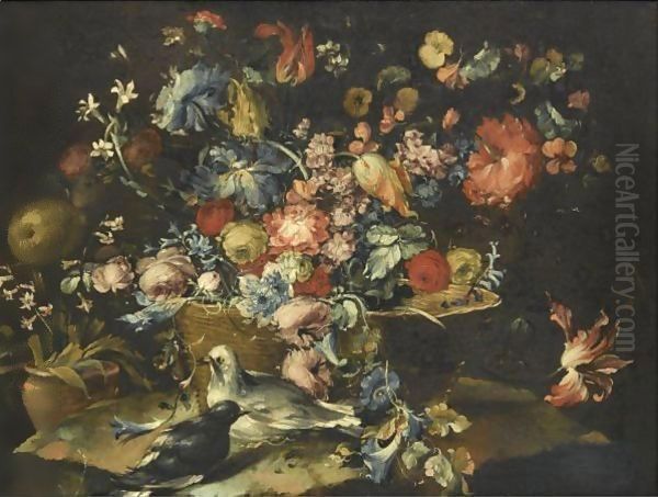 A Still With Various Flowers In A Basket, Together With Two Doves In Landscape Oil Painting by Francesco Guardi