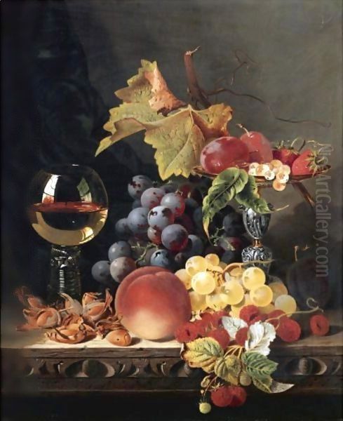 Still Life With A Wine Goblet And Silver Tazza, Grapes, Berries, Plums And Hazlenuts Oil Painting by Edward Ladell