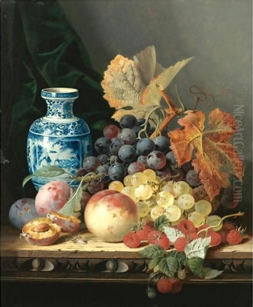 Still Life With A Chinese Vase, Grapes, Plums, Raspberries And A Peach On A Carved Wooden Tabletop Oil Painting by Edward Ladell