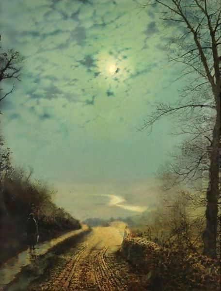 A Wet Road By Moonlight, Wharfedale Oil Painting by John Atkinson Grimshaw