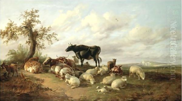 Cattle, Sheep And Goats In A Canterbury Meadow Oil Painting by Thomas Sidney Cooper