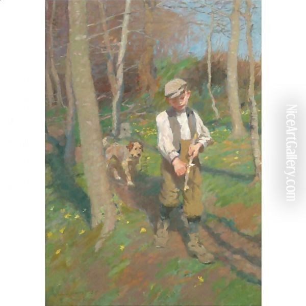 Boy Whittling A Stick Oil Painting by Harvey Harold