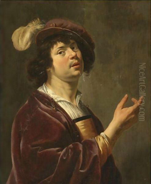 A Young Man, Half-Length, Wearing A Burgundy Jacket And A Feathered Cap Oil Painting by Jan Van Bijlert