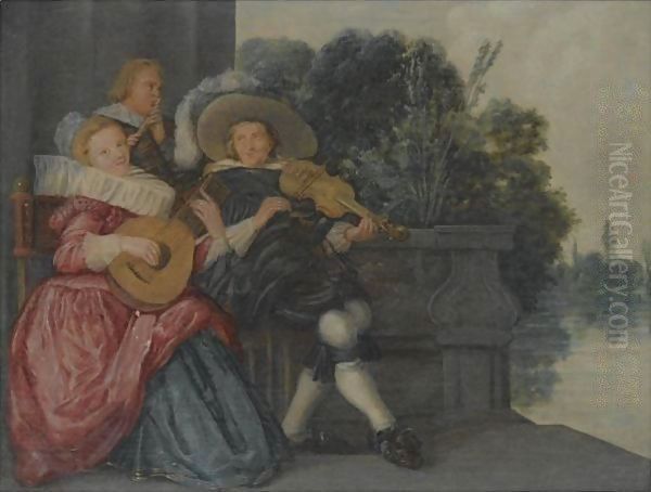 An Elegant Company Making Music On A Terrace Near Water Oil Painting by Dirck Hals