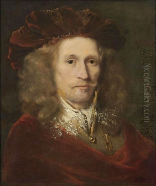 Portrait Of A Gentleman, Head And Shoulders, Wearing A Red Embroidered Cap, A Brown Doublet And A Red Cloak Oil Painting by Ferdinand Bol