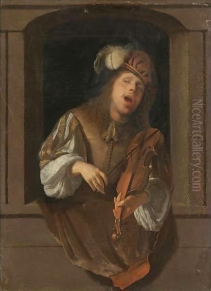 A Singing Violinist, Probably A Self-Portrait, Set Within A Niche Oil Painting by Jacob Ochtervelt