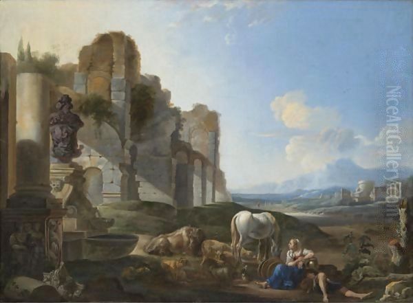 Italian Landscape With A Shepherdess And Ruins Oil Painting by Anthonie Goubau