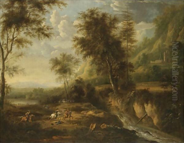 A Military Skirmish In An Expansive Wooded River Landscape Oil Painting by Frederick De Moucheron