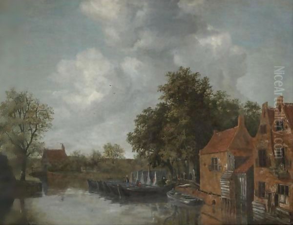 A View On A Canal In A Dutch Village With Barges Moared On The Quay Near Houses Oil Painting by Meindert Hobbema