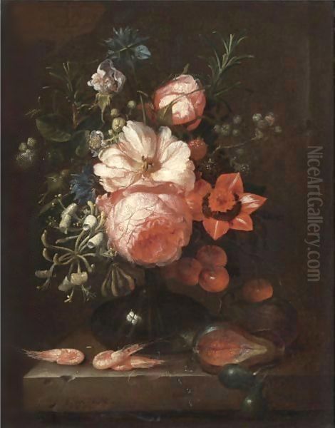 A Still Life With Roses, Honeysuckle, Other Flowers And Summer Fruits In A Glass Vase, Shrimps On The Stone Ledge Below Oil Painting by Joris Van Son