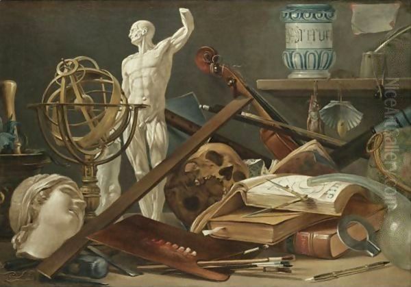 A Vanitas Still Life With An Adder In A Pestle And Mortar, A Sculpted Head, An Astrolobe, Oil Painting by Antonio Cioci or Ciocchi