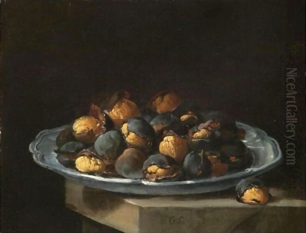 Still Life With Roasted Chestnuts On A White Plate Resting On A Stone Ledge Oil Painting by Giacomo Ceruti (Il Pitocchetto)