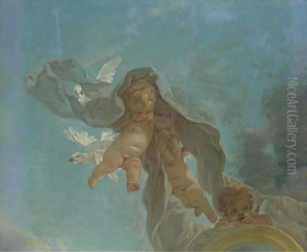 Putti With Doves, A Fragment Oil Painting by Francois Boucher