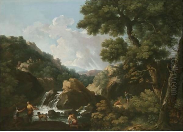 A Wooded River Landscape With Fishermen Oil Painting by Andrea Locatelli