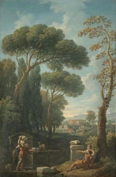 A Capriccio View Of Rome With Figures Resting In The Foreground, The Colosseum Beyond Oil Painting by Jan Frans Van Bloemen (Orizzonte)