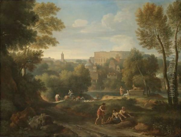 A View Of The Roman Campagna With The Colosseum Beyond Oil Painting by Jan Frans Van Bloemen (Orizzonte)