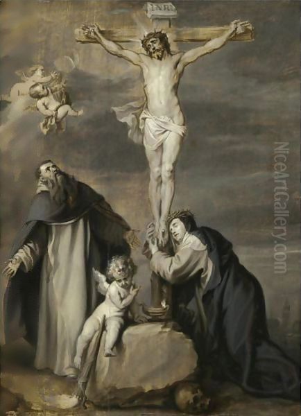 The Crucified Christ Adored By Saints Dominic And Catherine Of Siena Oil Painting by Sir Anthony Van Dyck