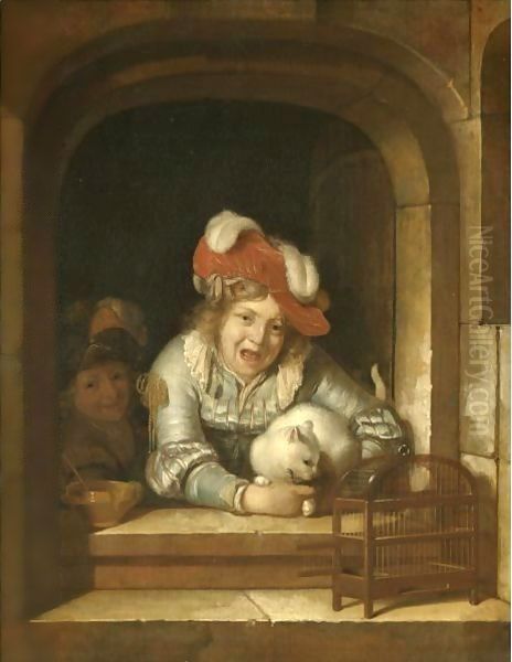 Two Children Playing With A Cat Holding A Bird In Its Jaws Oil Painting by Adriaen Van Der Werff