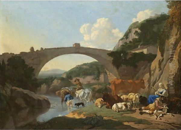 Italianate Landscape With Herders And Animals Resting By A River Under A Bridge Oil Painting by Karel Dujardin