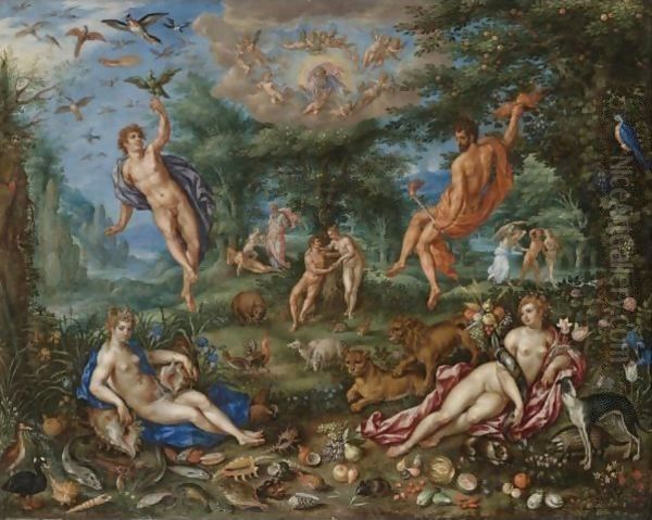 The Four Elements, With Scenes From Genesis Beyond Oil Painting by Hendrick De Clerck