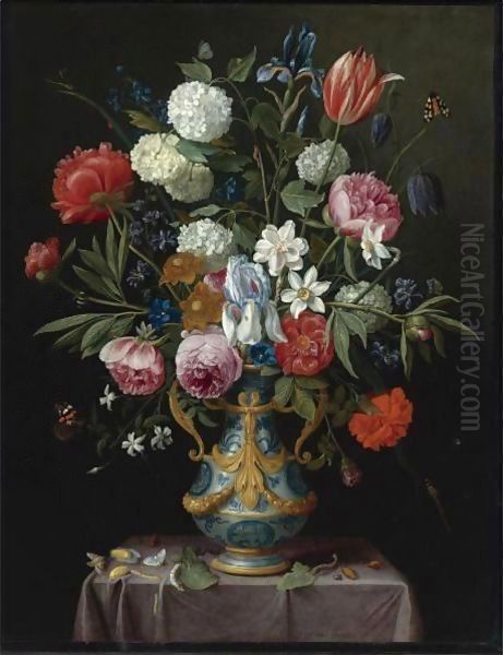 Still Life Of Irises, Peonies, Narcissi, A Tulip And Other Flowers In A Blue-And-White Porcelain Vase Oil Painting by Jan van Kessel