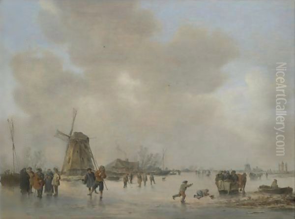 Winter Landscape With Skaters And Golfers On A Frozen River Near A Windmill Oil Painting by Jan van Goyen