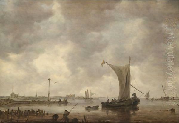 River Estuary With Shipping And Fishermen On The Shore Oil Painting by Jan van Goyen