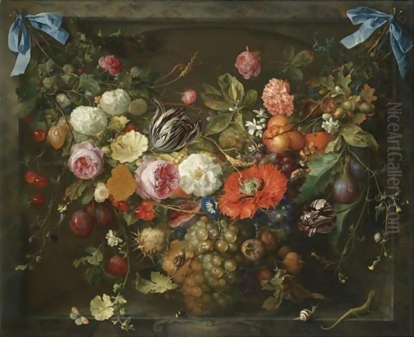 A Festoon Of Fruit And Flowers In A Marble Niche Oil Painting by Jan Davidsz. De Heem