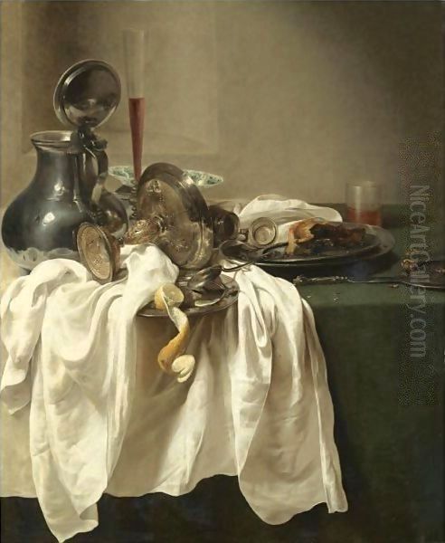 A Still Life With A Pewter Jug And An Overturned Tazza, A Porcelain Bowl, Wine Glass Oil Painting by Jan Jansz. den Uyl