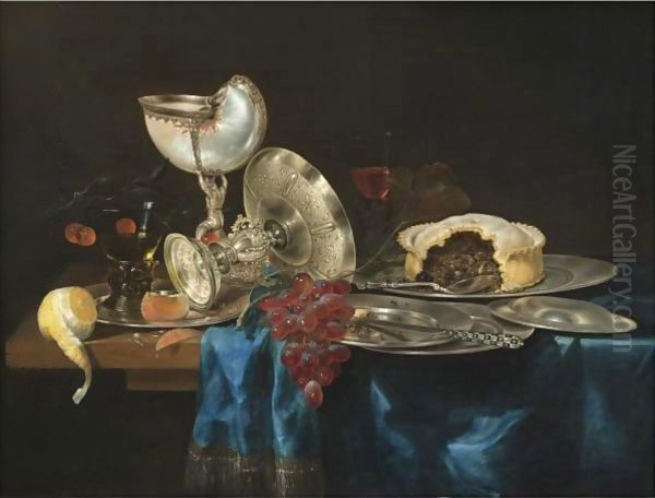 Still Life With A Nautilus Cup, A Meat Pie, A Bunch Of Grapes, Some Pewter Plates And A Partly-Peeled Lemon Oil Painting by Gerrit Willemsz. Heda