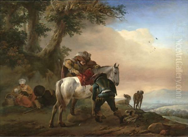 A Huntsman Saddling His Horse, An Extensive Landscape Beyond Oil Painting by Philips Wouwerman