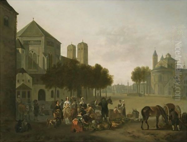 Cologne A Capriccio View Of The Churches Of Sankt Gereon And Sankt Aposteln, With A Market Scene In The Foreground Oil Painting by Gerrit Adriaensz Berckheyde