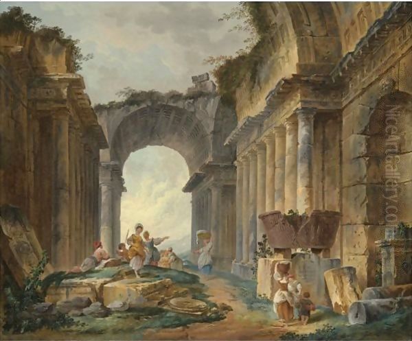 Washerwomen And Peasants Resting Amongst Ancient Ruins Oil Painting by Hubert Robert