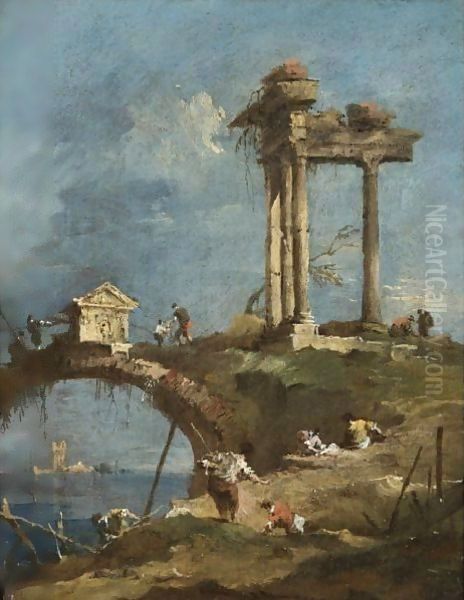 A Capriccio View Of A Ruined Temple Near A Bridge, Figures On The River Bank In The Foreground Oil Painting by Francesco Guardi