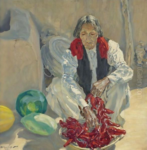 Stringing Chili Peppers Oil Painting by Walter Ufer