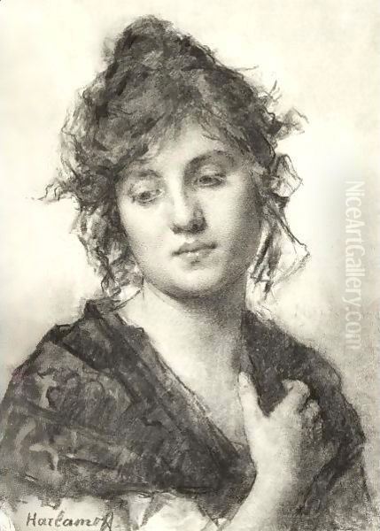 Portrait Of A Young Woman Oil Painting by Alexei Alexeivich Harlamoff