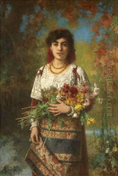 Gypsy Girl With Flowers Oil Painting by Alexei Alexeivich Harlamoff