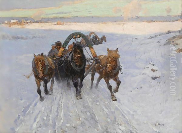 Troika Racing Through The Snow Oil Painting by Franz Roubaud