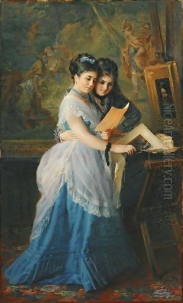 Two Ladies Looking At Prints Oil Painting by Konstantin Egorovich Egorovich Makovsky