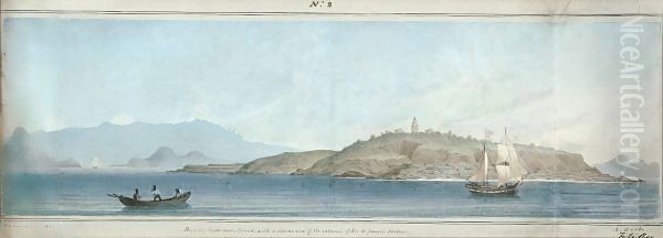 Raza (Or Light House) Island With A Distant View Of The Entrance Of Rio De Janeiro Harbour Oil Painting by Augustus Earle